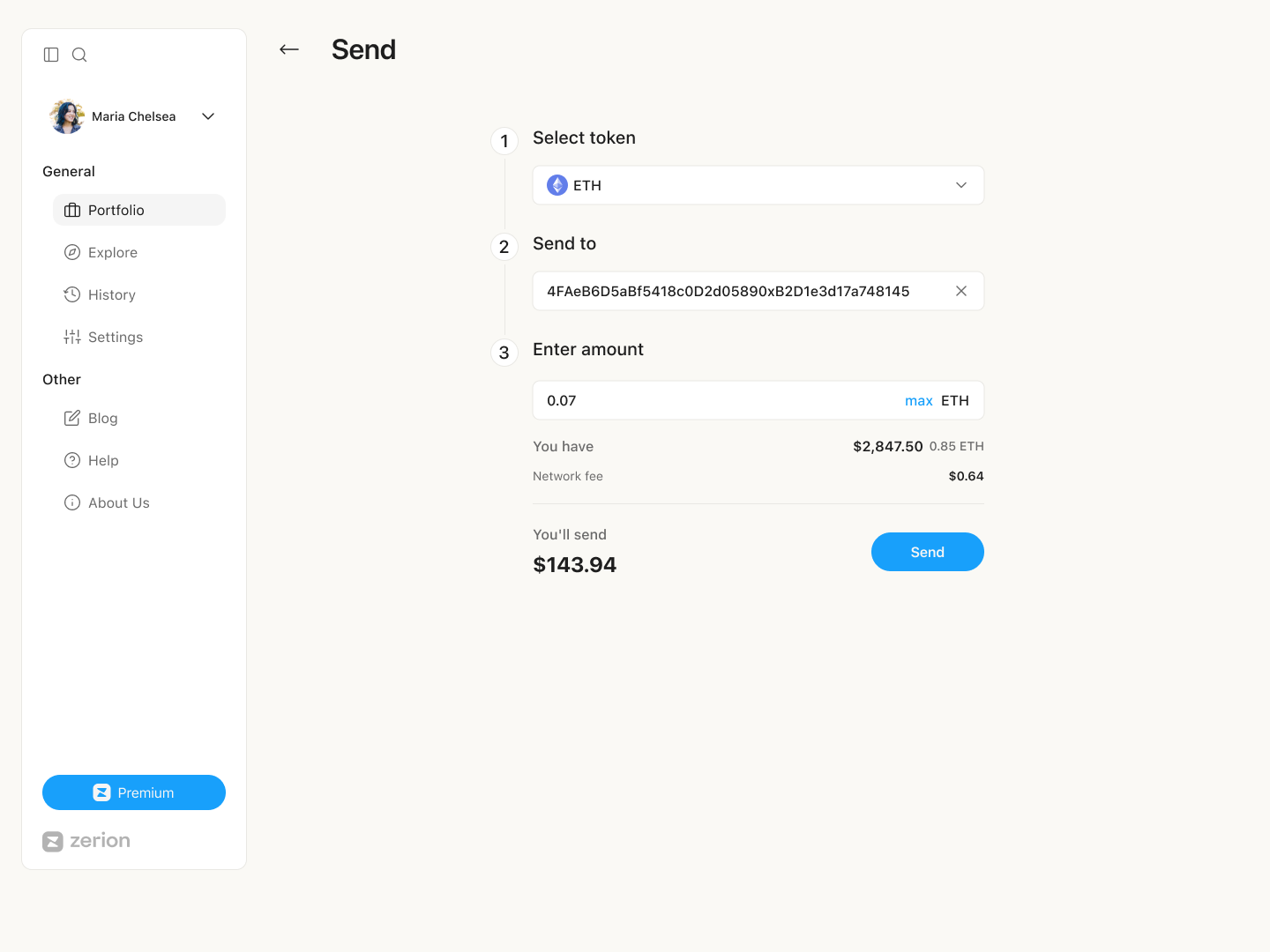 Final design, desktop send flow